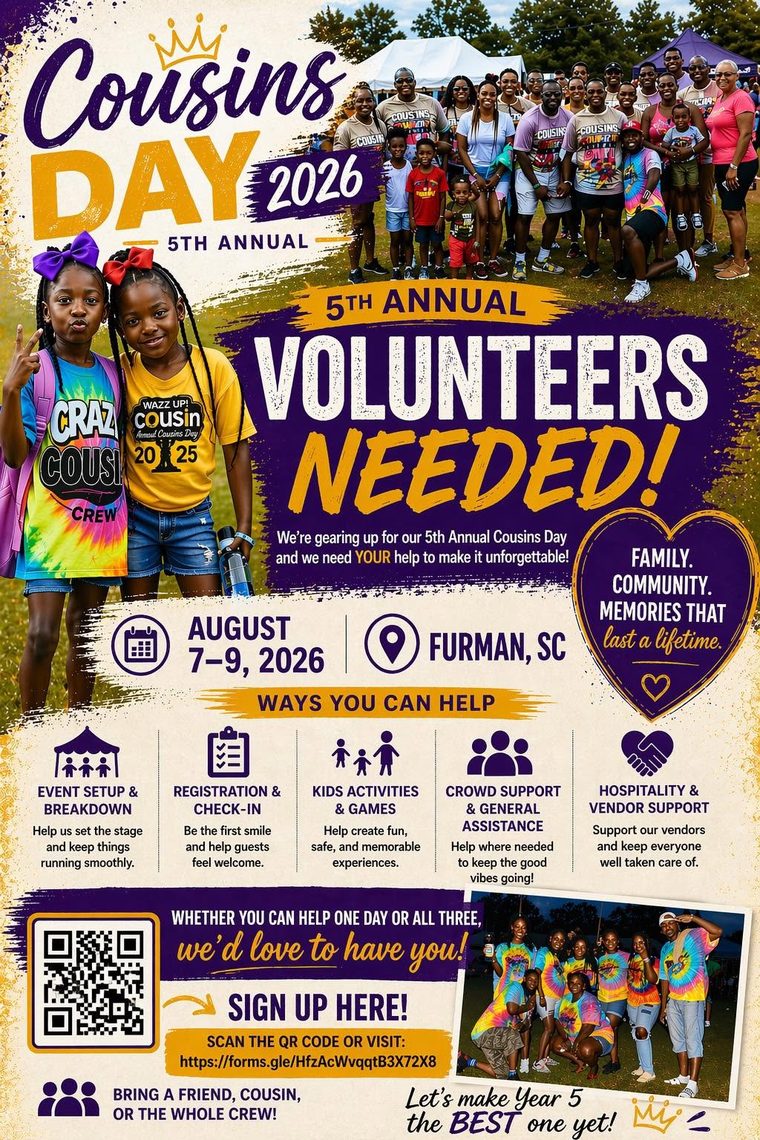 Cousins Day 2026 Volunteers Needed flyer with sign-up QR code